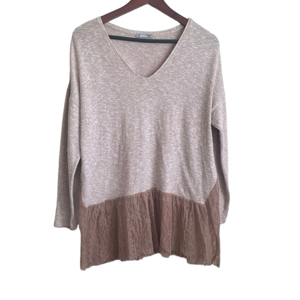Zara Women Coquette Romantic Lace Hem Knit Sweater M Beige Multimedia Lagenlook